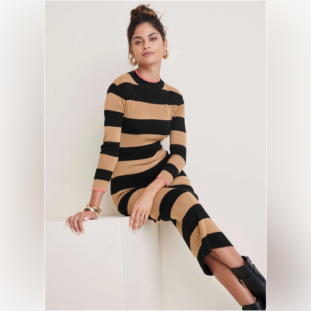 VENUS Stripe Midi Sweater Dress - Black & Tan - M / STANDARD